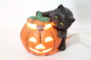 Black Cat & Pumpkin Ceramic Mold Halloween Decor Jack O Lantern Light Up - Picture 1 of 9