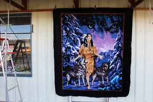 INDIAN LADY AND WOLVES WOLF SPIRIT QUEEN SIZE BLANKET BEDSPREAD - Picture 1 of 2