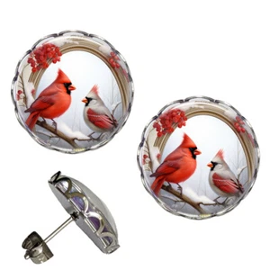 Snowy Winter Cardinals Earrings NO TARNISHING Loss of Loved One Memorial Birds - Picture 1 of 6