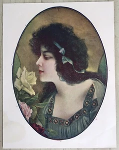 Vintage Art Print India Kitsch Woman Oval Profile Rare - Picture 1 of 3