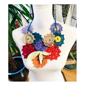 Crochet fancy flowered necklace -neck accessories -gift for her-handmade gift - Picture 1 of 4