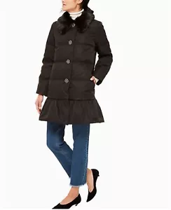 kate spade long down coat black bijou size 6 NWO Faux Fur Collar W Pockets - Picture 1 of 17