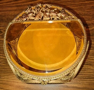 Französische filigrane Ormolu Schmuckbox 7 abgeschrägte Bernstein Glasscheiben Antik Damen - Bild 1 von 23