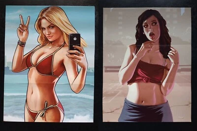 ROCKSTAR GAMES LOLLIPOP GIRL ( GTA4 ) & PHONE GIRL ( GTA5 ) GRAND THEFT AUTO MINI DOUBLE POSTER