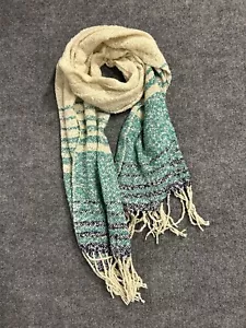 Gestreifter Schal grün blau elfenbein Fransen Cottagecore Urlaub kuschelig - Bild 1 von 9