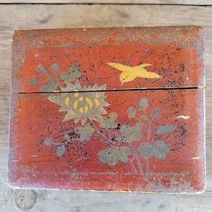 antique Asian rustic primitive Trinket crackle lacquer BOX gold jewelry As Is - Picture 1 of 15
