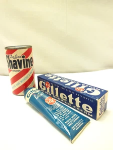 NOS VTG 1940 UNUSED GILLETTE SHAVE CREAM TUBE WITH BOX & SHAVINE POWDER CANISTER - Picture 1 of 13
