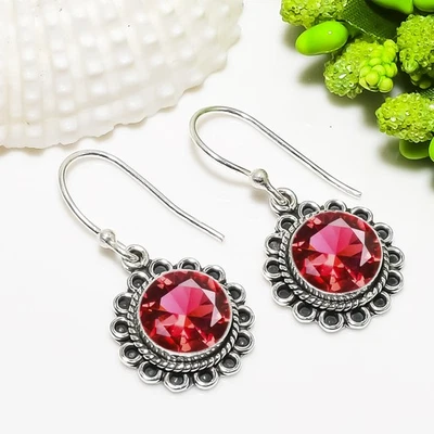 Pendiente de mujer de plata de ley 925 maciza con piedras preciosas de turmalina rubelita rosa V6928 Foto 1 de 4