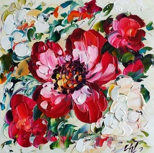 original oil painting Peony red flowers artwork Floral wall art 8*8 inch - Picture 1 of 11