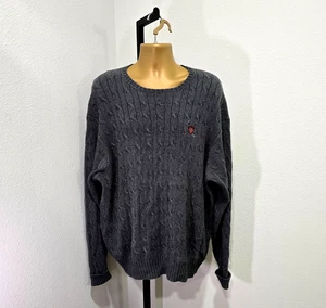 Vintage Ralph Lauren Zopfmuster Wappen Logo bestickt Opa Pullover Herren XL grau - Bild 1 von 9