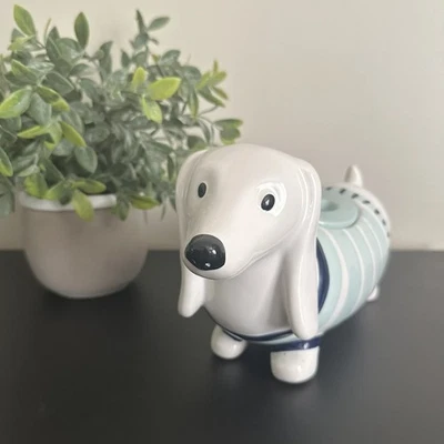 Target Dachshund Cookie Treat Jar Weiner Dog Threshold Teal Green Blue Striped - Image 1 of 4
