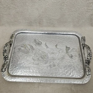 Vintage gehämmertes Aluminium Tablett #408 Tulpe von Rodney Kent handgeschmiedet 16 1/4" - Bild 1 von 13