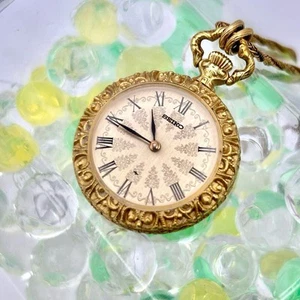 Rare Operational SEIKO Mechanical Manual Pocket Watch Pendant Watch Gold Roman F - Picture 1 of 4