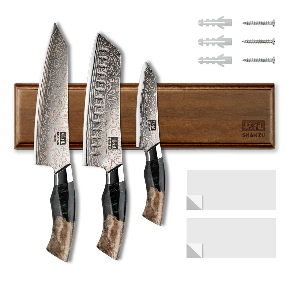 SHAN ZU 3PCS Japanese Copper-Damascus Knife Set with Magnetic Knife Holder