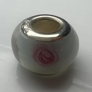 925 Sterling Silber Murano Glas Perle European Lampwork Dia weiß rosa Rosen - Bild 1 von 8