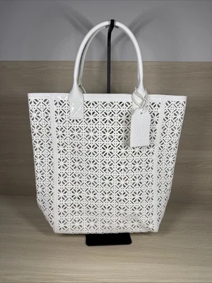 Bolso de Mano de Playa TORY BURCH Blanco Corte Láser Charol Imitación Cuero PVC Shopper Foto 1 de 4