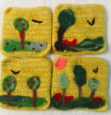 Handmade Wool Felted Mug Rugs Landscape with birds motif 5" square - Image 1 of 4