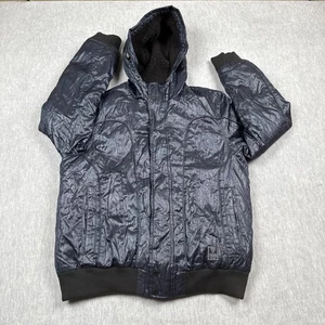 Guess Jeans Jacket Mens Large Navy Blue Hooded Bomber Sherpa Lined Faux Fur - Picture 1 of 14