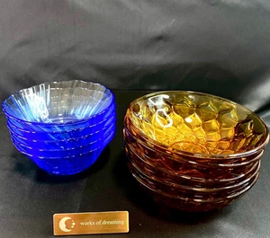 10 piece Geometric Hanabishi floral pattern blue clear tableware Japan Showa VTG - Picture 1 of 18