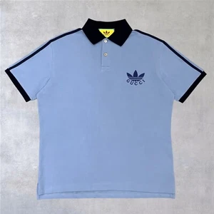 Gucci x Adidas Embroidered Logo Piquet Polo Cotton Shirt Blue Size M - Picture 1 of 22