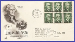 USA4 #1278 ADDR ARTCRAFT FDC BL6 Thomas Jefferson - Bild 1 von 1