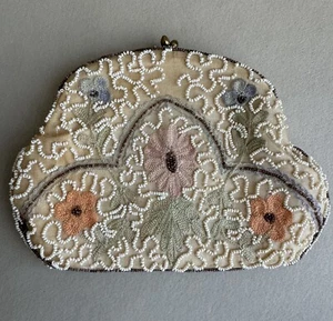 Vintage 30s French Hand-Made Beaded Silk Clutch Purse Nude Flower - Picture 1 of 14