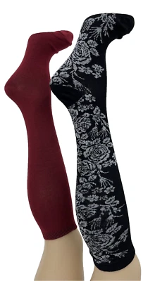 Charter Club Women's 2 pairs Knee-High Socks 9-11  Black Flower & Burgundy - Image 1 of 4