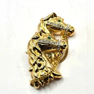 RARE 70's Double Horse Head Brooch Rhinestone Moveable Reins Gold Tone Metal VTG - Picture 1 of 5