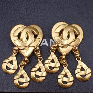 CHANEL CC Logo Heart Drop Earrings 97P Clip-On Gold GHW France Vintage 600RK641 - Picture 1 of 15