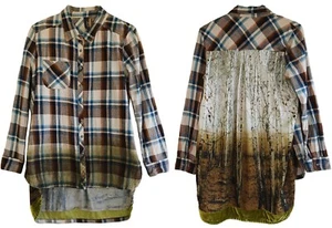 Aratta Silent Journey Size M Brown Blue Plaid Flannel Floral Velvet Pocket Tunic - Picture 1 of 9