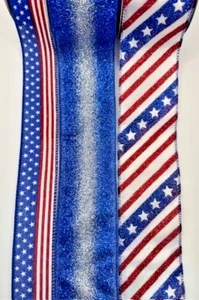 Patriotic USA Flag Stars Stripes Ribbon 3 Rolls, 1.5” & 2.5” x 2 yd each, Wired - Picture 1 of 4