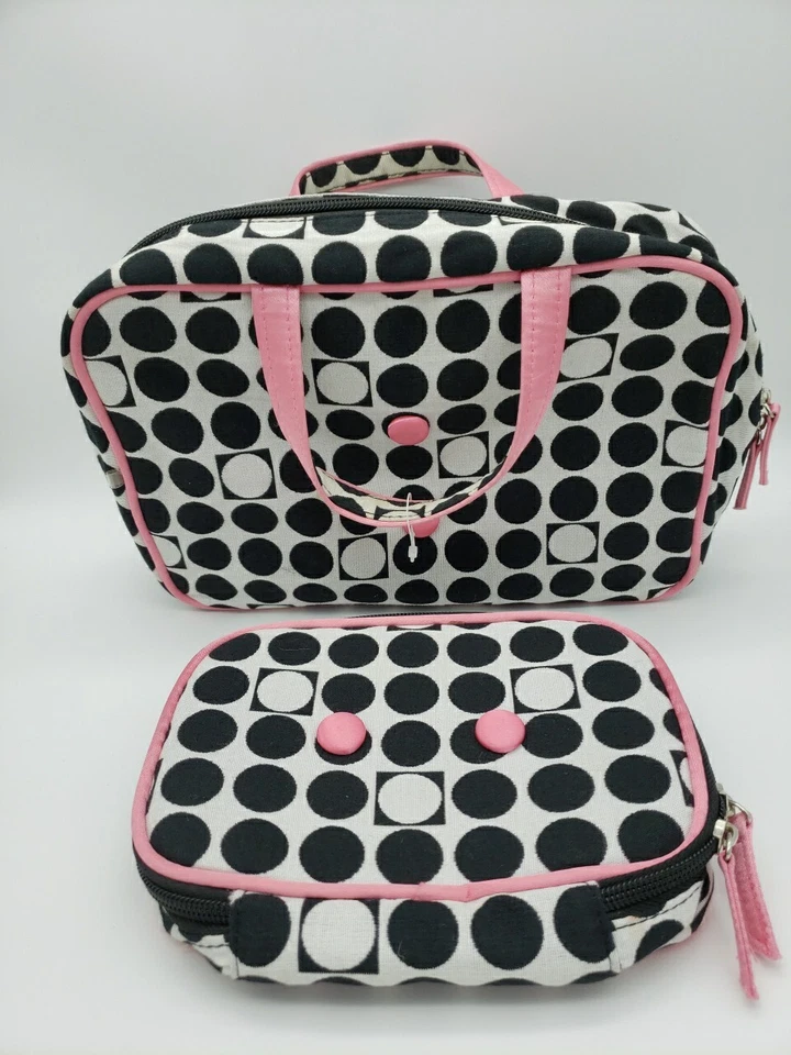 MAKEUP BAG SET WHITE W/BLACK WHITE PINK RAISED DOTS HANDLES EDGES MEDIUM... Foto 1 de 4