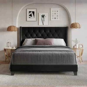 Aireanna Vegan Leather Wingback Storage Bed Frame ONLY – No Mattress - Picture 1 of 5