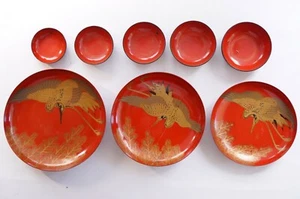 Japanese Kaiseki Plate Set plus 5 Wooden Sake Cubs with Fine Lacquer 0804B8G - Picture 1 of 12