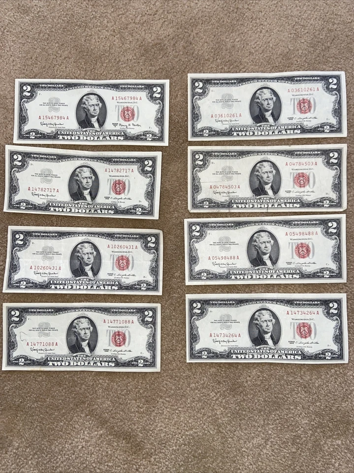 Bundle Of 8 - 1963 Two Dollar Bill $2 Note Fancy Red Seal Old Paper US Currency - Image 1 of 1