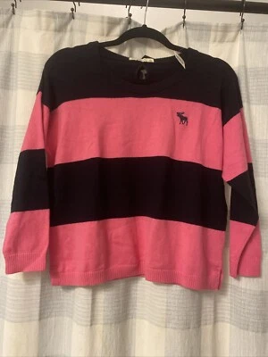 NEW Abercrombie & Fitch Crop Vintage Stripe Sweater Keyhole Bow Pink Navy Sz.L — 第 1/4 张图片
