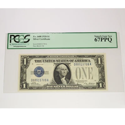 1928 PCGS 67PPQ FUNNY BACK Silver Certificate $1 One Dollar Fr-1600 Note #51608F - Image 1 of 2