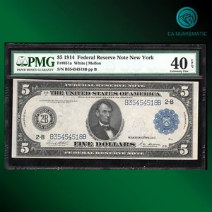 Fr.851a 1914 $5 Five Dollars Federal Reserve Note New York, PMG 40 EPQ, 54518 - Picture 1 of 2
