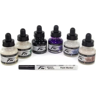 Encres acrylique - 6 flacons 29,5ml + 1 marqueur - Couleurs irisées -  Daler Row - Photo 1/3