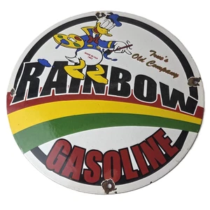Vintage Rainbow Gasoline Sign - Porcelain Advertising Gas Pump Sign - Picture 1 of 14