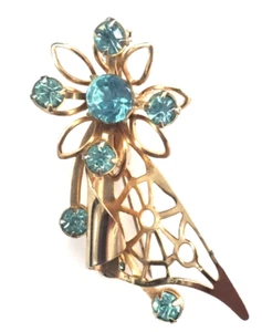 Vintage gold tone Brooch, light blue rhinestone flower shape 2" - Picture 1 of 4
