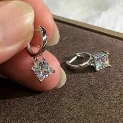 2Ct Princess Cut Lab Created Diamond Drop Dangle Earring 14K White Gold Plated - Image 1 of 2