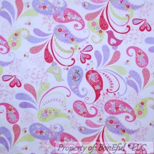 BonEful Fabric FQ Cotton Quilt Flannel White Pink Purple Bird Flower Paisley Dot - Picture 1 of 12