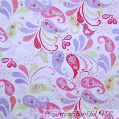 BonEful Fabric FQ Cotton Quilt Flannel White Pink Purple Bird Flower Paisley Dot - Image 1 of 4