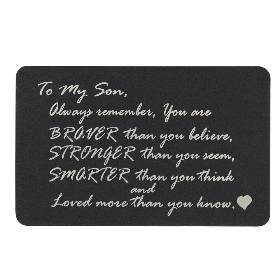 Cartão de inserção carteira de metal preto alumínio anodizado - Filho "Mais forte mais inteligente" - Imagem 1 de 4