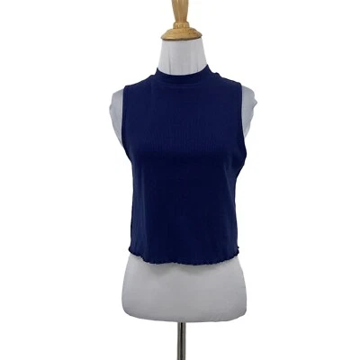 GB Fashion Francescas Tank Womens M Navy Ribbed Sleeveless Lettuce Hem Mock Neck - Image 1 of 4