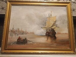 Vintage oil painting Ship Galleon Sailing Boat Seascape Salvo Salute,Signed