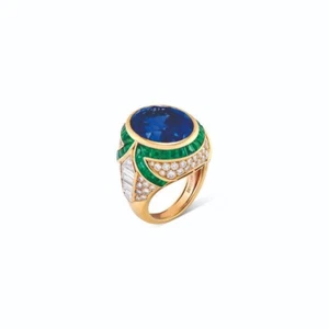 Oval Lab Sapphire & Syn Emerald Cocktail Ring 925 Fine Silver Statement Jewelry - Picture 1 of 5
