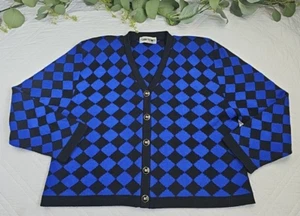 VTG San Remo Laura Knits Blue and Black Check Cardigan Cropped Size XL - Picture 1 of 10