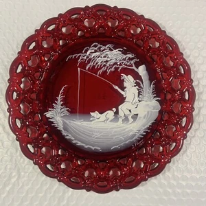 Westmoreland Glass Red Transparent Plate with Boy Fishing and Dog, 1979 - Picture 1 of 6